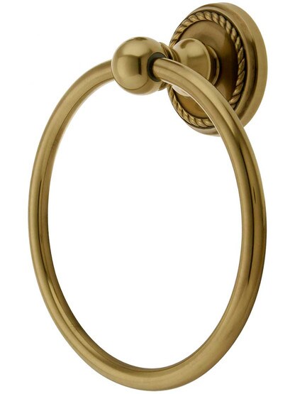 Brass Towel Ring with Rope Rosette in Antique Brass.